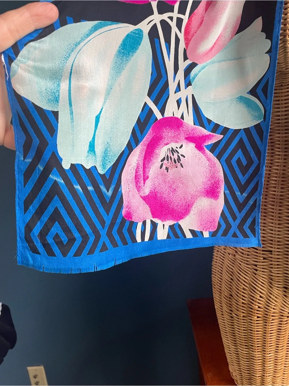 Vintage Oscar de la Renta Silk Scarf Tulip Floral Pink Blue Black Oblong